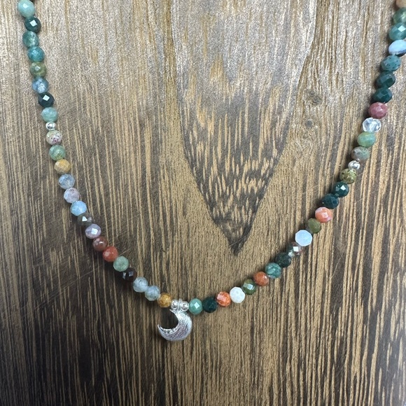 Indian Agate Beaded Necklace with Sterling Silver Crescent Moon Charm - Picture 4 of 9